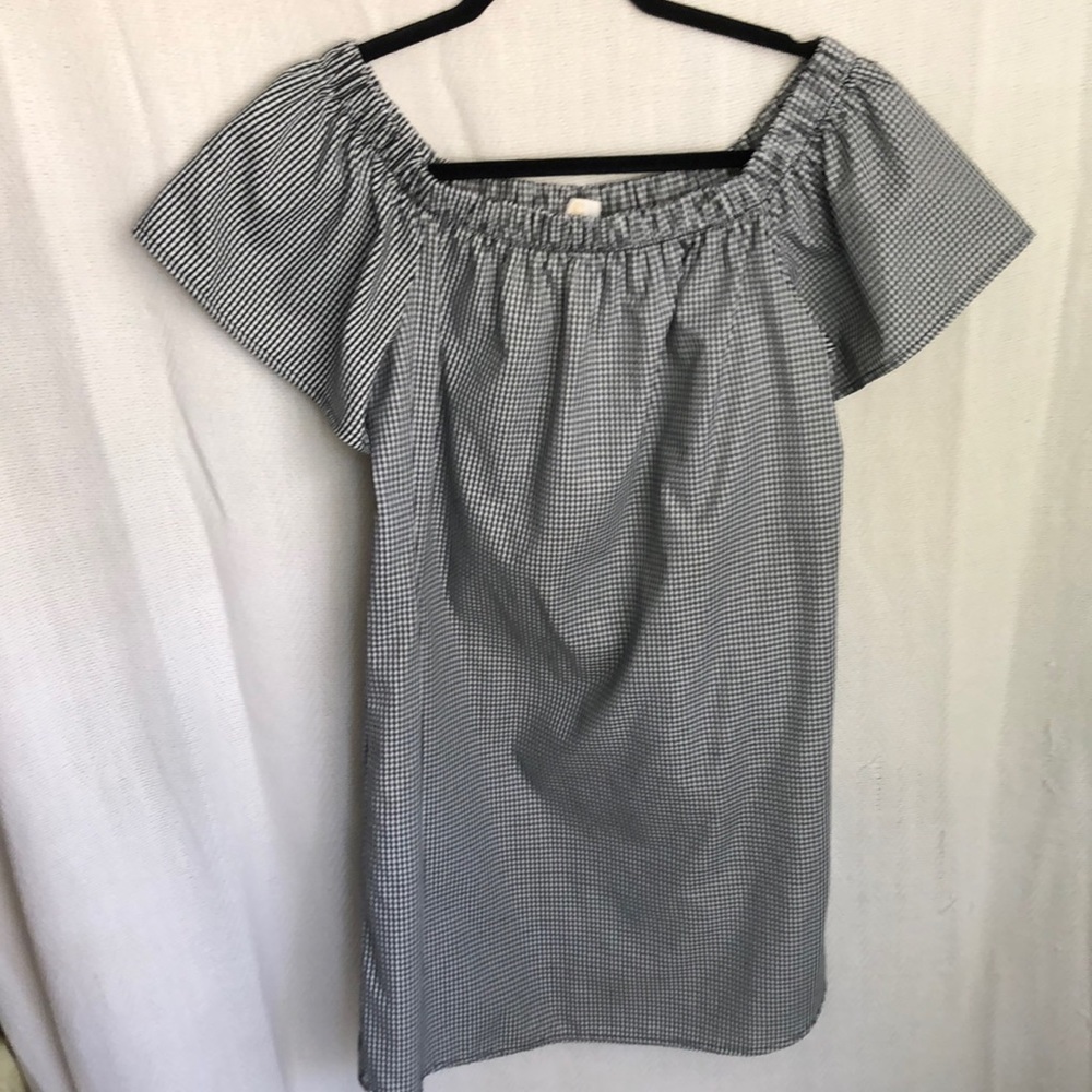 Over the shoulder checkered dress.